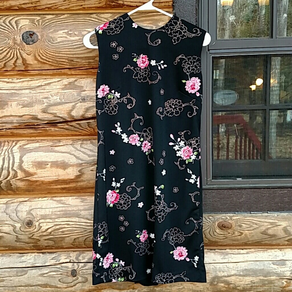 Floral dress, black w/ pink and gray flowers.